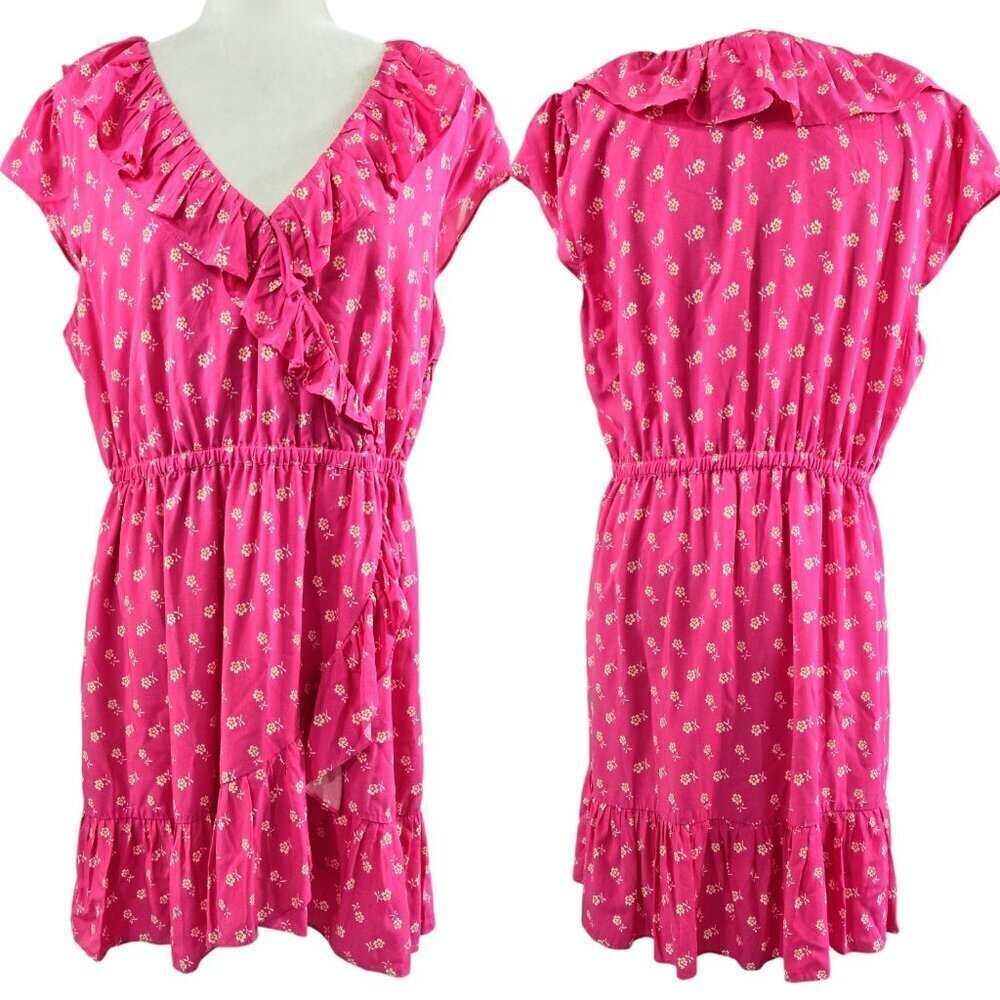 J. Crew Pink Floral Surplice V-Neck Faux Wrap Ruffle Dress Romantic Date AP365